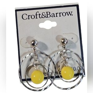 Croft & Barrow Silver Tone Double Hoops With Yellow Beads Pierced Earrings (NWT)